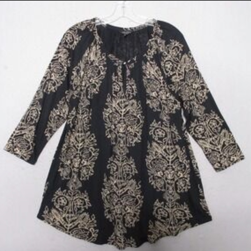Lucky Brand Black & Tan Boho Peasant Blouse Size 1X 3/4 Sleeve Keyhole Festival